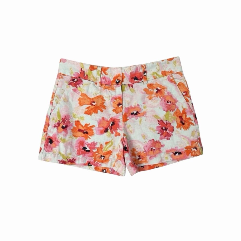 Ann Taylor Loft Linen Blend Floral Print Shorts Orange Pink Green 00